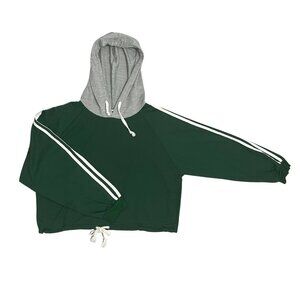 Green Cropped Hoodie Sweatshirt White Stripe Women's Size L Athletic Casual